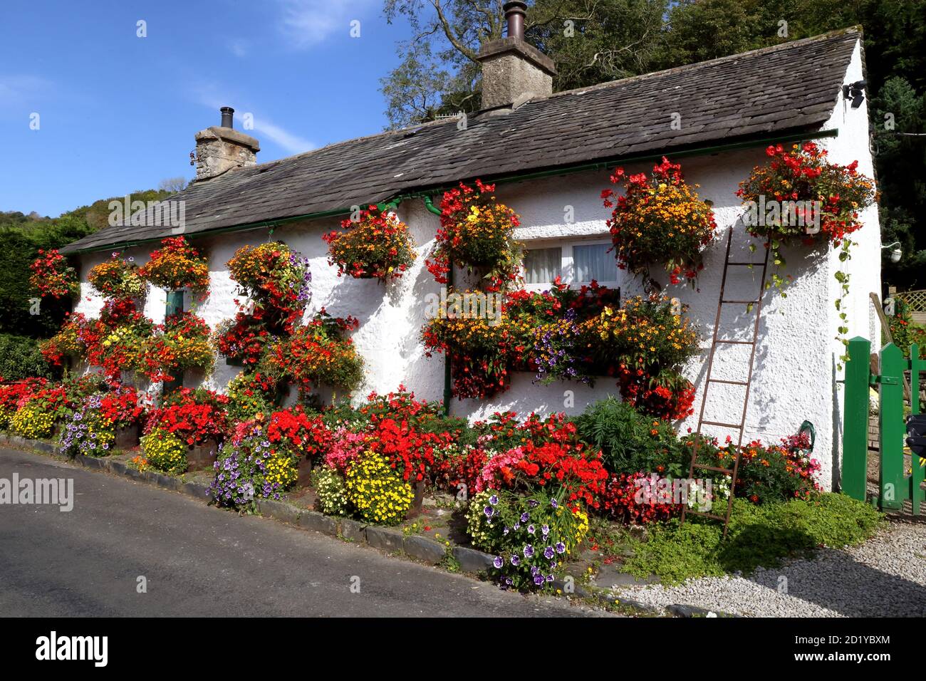 Country cottages adorned with flowers. Stock Photo