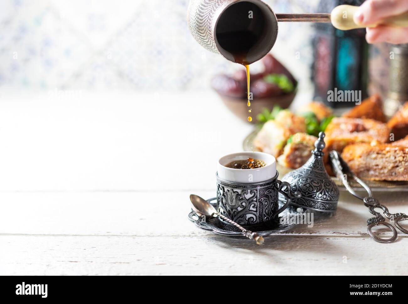 Ramadan kareem with arabic coffee. Arabian style. Ramadan breakfast