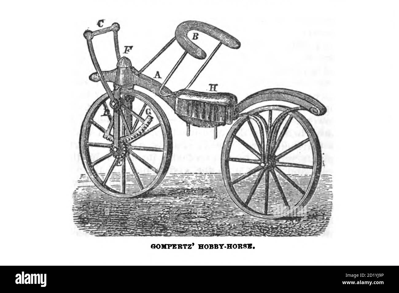 Gompertz' Hobby-Horse [Early pedal-less bicycle] from The American bicycler: a manual for the observer, the learner, and the expert by Pratt, Charles E. (Charles Eadward), 1845-1898. Publication date 1879. Publisher Boston, Houghton, Osgood and company Stock Photo