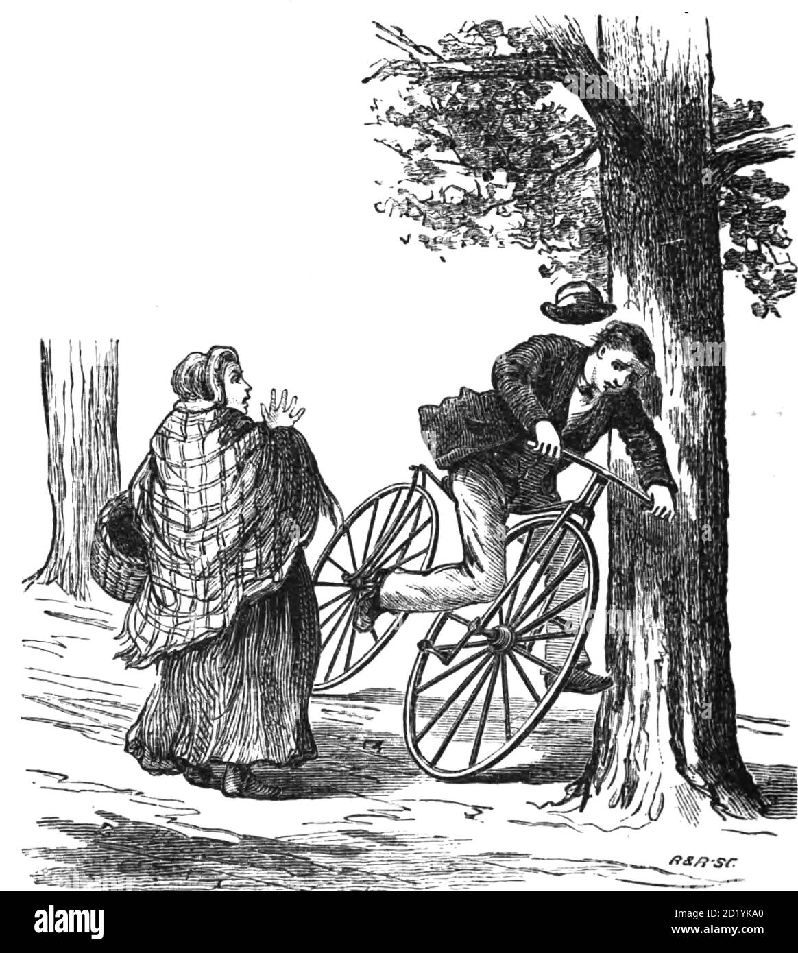 Rider and Velocipede crash into a tree from The American bicycler: a manual for the observer, the learner, and the expert by Pratt, Charles E. (Charles Eadward), 1845-1898. Publication date 1879. Publisher Boston, Houghton, Osgood and company Stock Photo