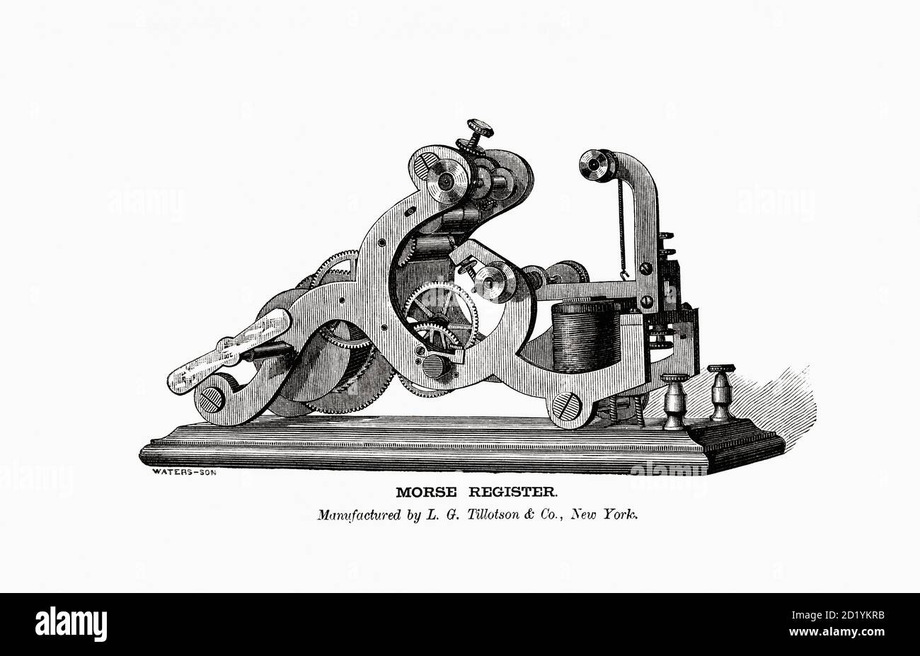 An electric Morse Register, manufactured by L. G. Tillotson & Co., New York in the late 1860’s.  After an illustration in Modern Practice Of The Electric Telegraph: A Handbook For Electricians And Operators, by Franklin L. Pope.  Third Edition, published 1870. Stock Photo