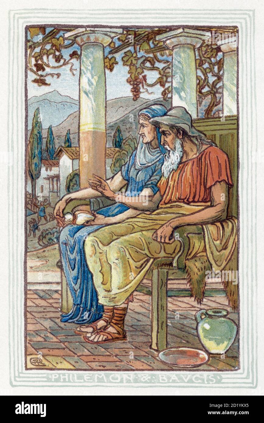 Philemon and Baucis.  After a work by British artist Walter Crane used in A Wonder Book for Girls and Boys, by Nathaniel Hawthorne in an edition published in Boston, 1910. Philemon and Baucis were a married couple featured in a fable by Roman writer Ovid. Stock Photo