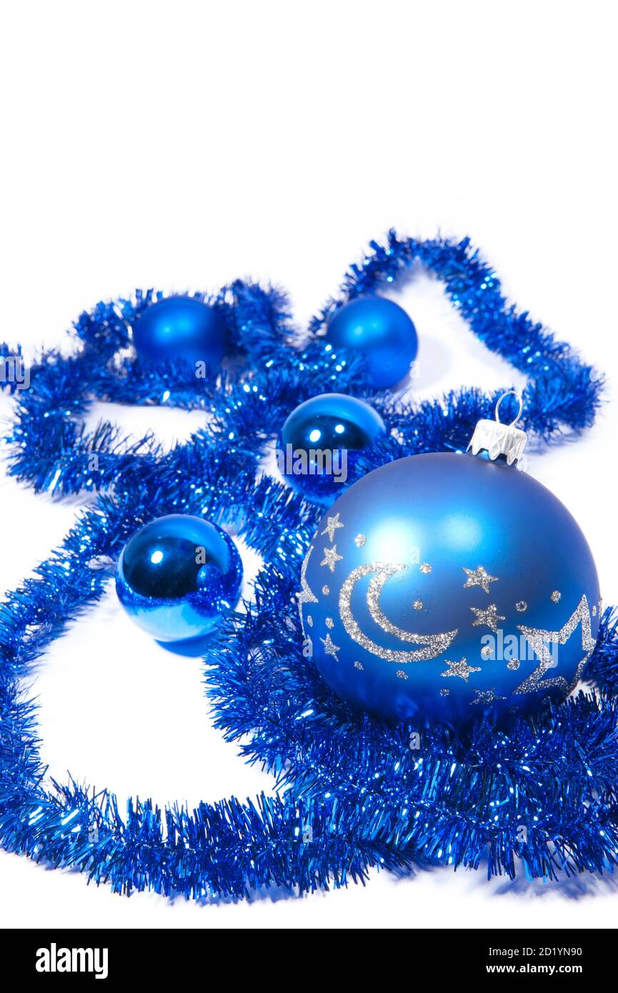Christmas background with blue decorations on a white background Stock Photo