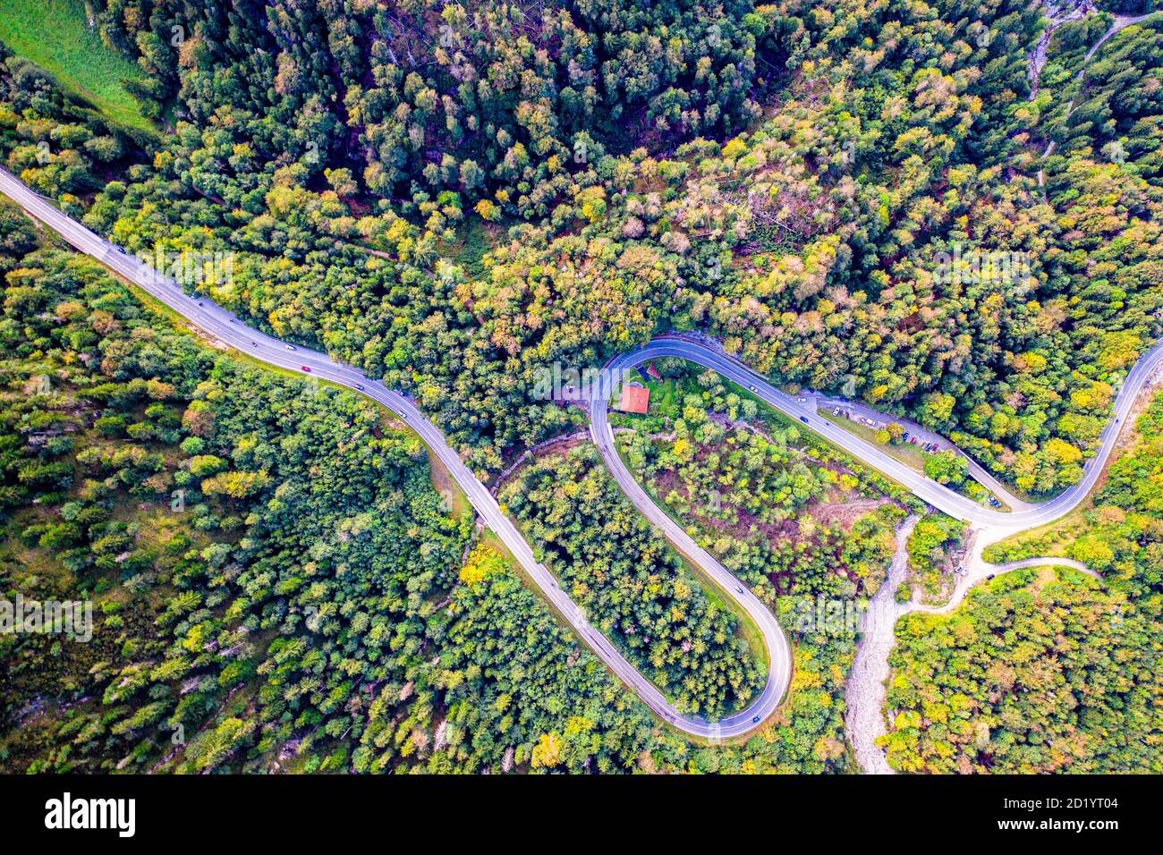 Winding Road surrounded by a colourfull trees in the forest. Aerial drone view. Kesselberg Stock Photo