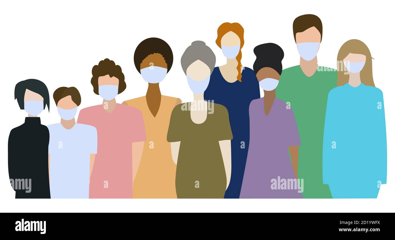 Crowd of people wearing medical masks. Concept of coronavirus quarantine. Vector illustration. Isolated on white background Stock Vector