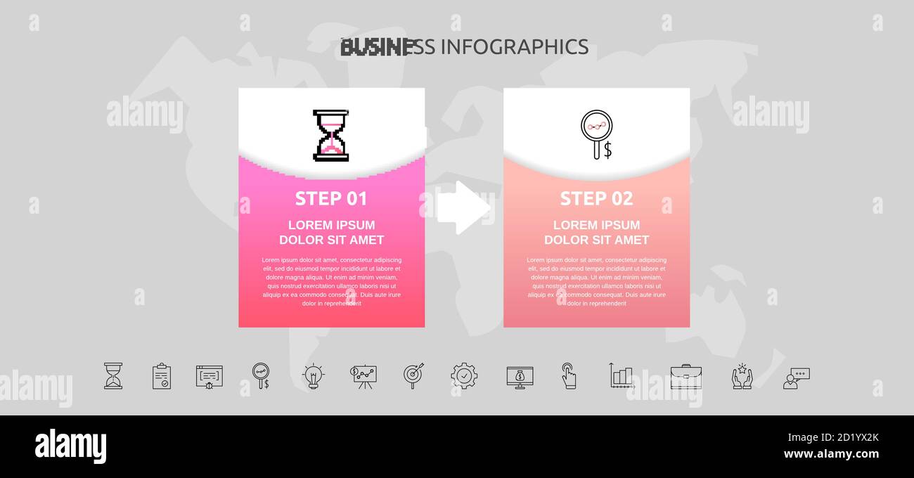 Infographics rectangle with 2 steps, arrows. Vector template used for diagram, business, web, banner, workflow layout, presentations, flowchart Stock Vector