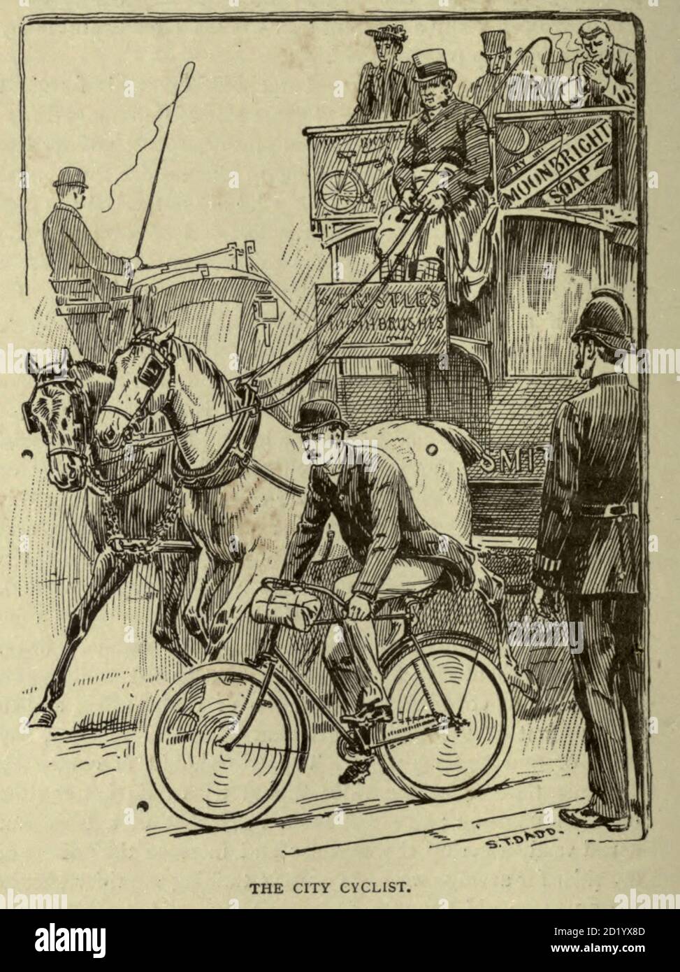 City cyclist 1896 from 'Cycling' by The right Hon. Earl of Albemarle, William Coutts Keppel, (1832-1894) and George Lacy Hillier (1856-1941); Joseph Pennell (1857-1926) Published by London and Bombay : Longmans, Green and co. in 1896. The Badminton Library [Not much has changes in the last 150 years] Stock Photo