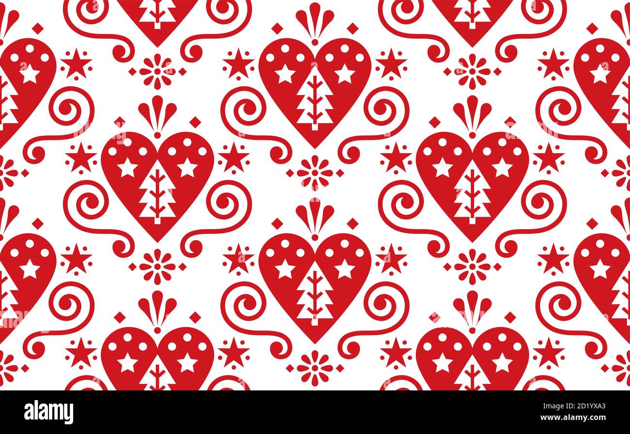 Christmas cute Scandinavian folk art vector red seamless pattern with hearts, christmas trees, flowers and swirls Stock Vector