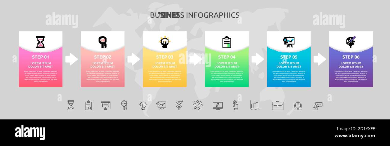 Infographics rectangle with six steps, arrows. Vector template used for diagram, workflow layout, presentations, info graph, timeline, content, levels Stock Vector