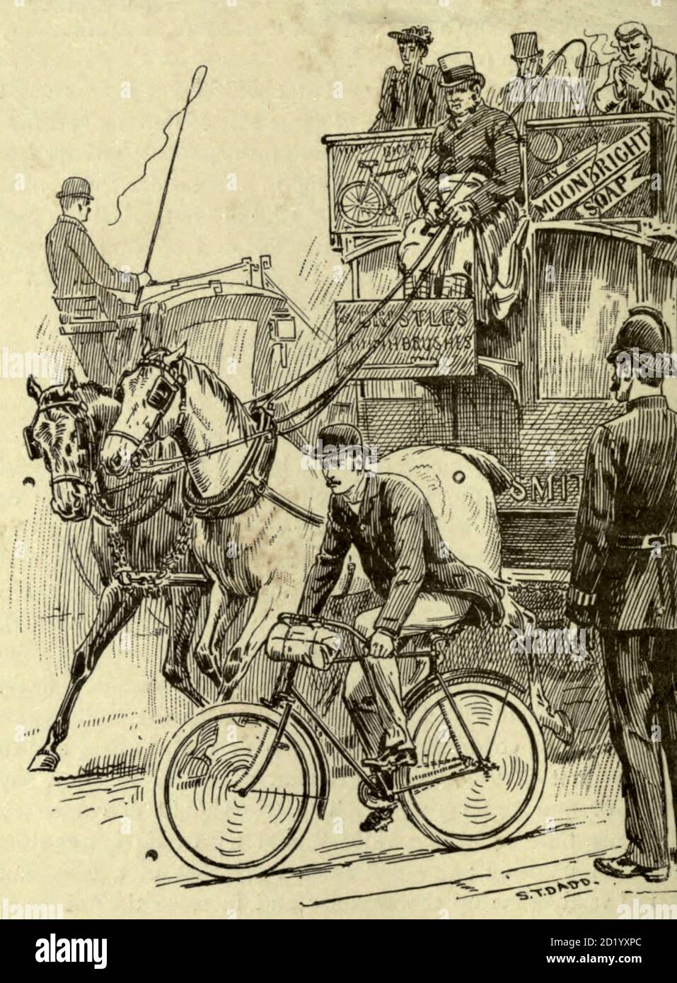 City cyclist 1896 from 'Cycling' by The right Hon. Earl of Albemarle, William Coutts Keppel, (1832-1894) and George Lacy Hillier (1856-1941); Joseph Pennell (1857-1926) Published by London and Bombay : Longmans, Green and co. in 1896. The Badminton Library [Not much has changes in the last 150 years] Stock Photo