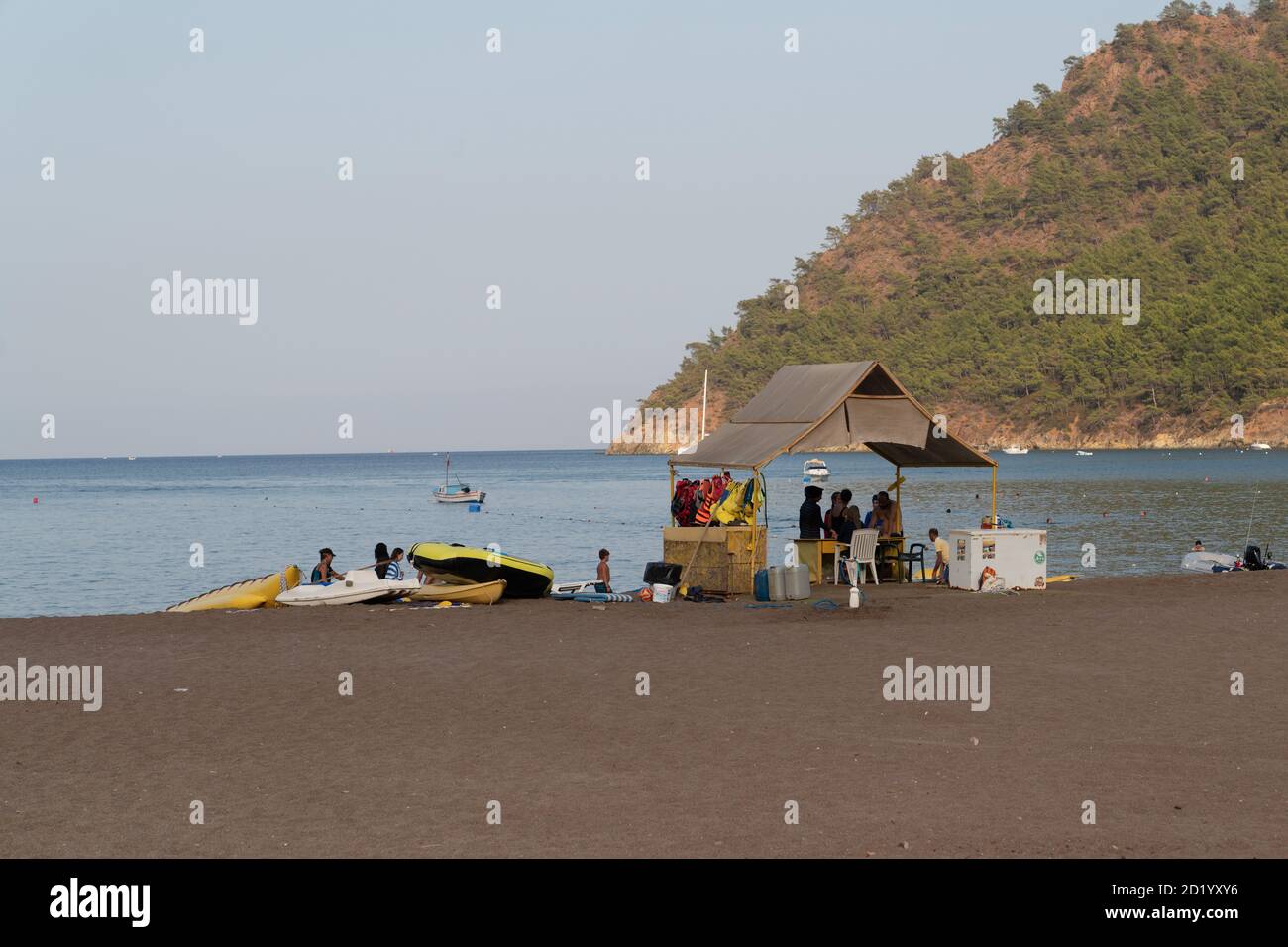 Adrasan, Antalya/Turkey-September 27 2020: Banana, boats and jet ski for tourist enjoyment. Stock Photo