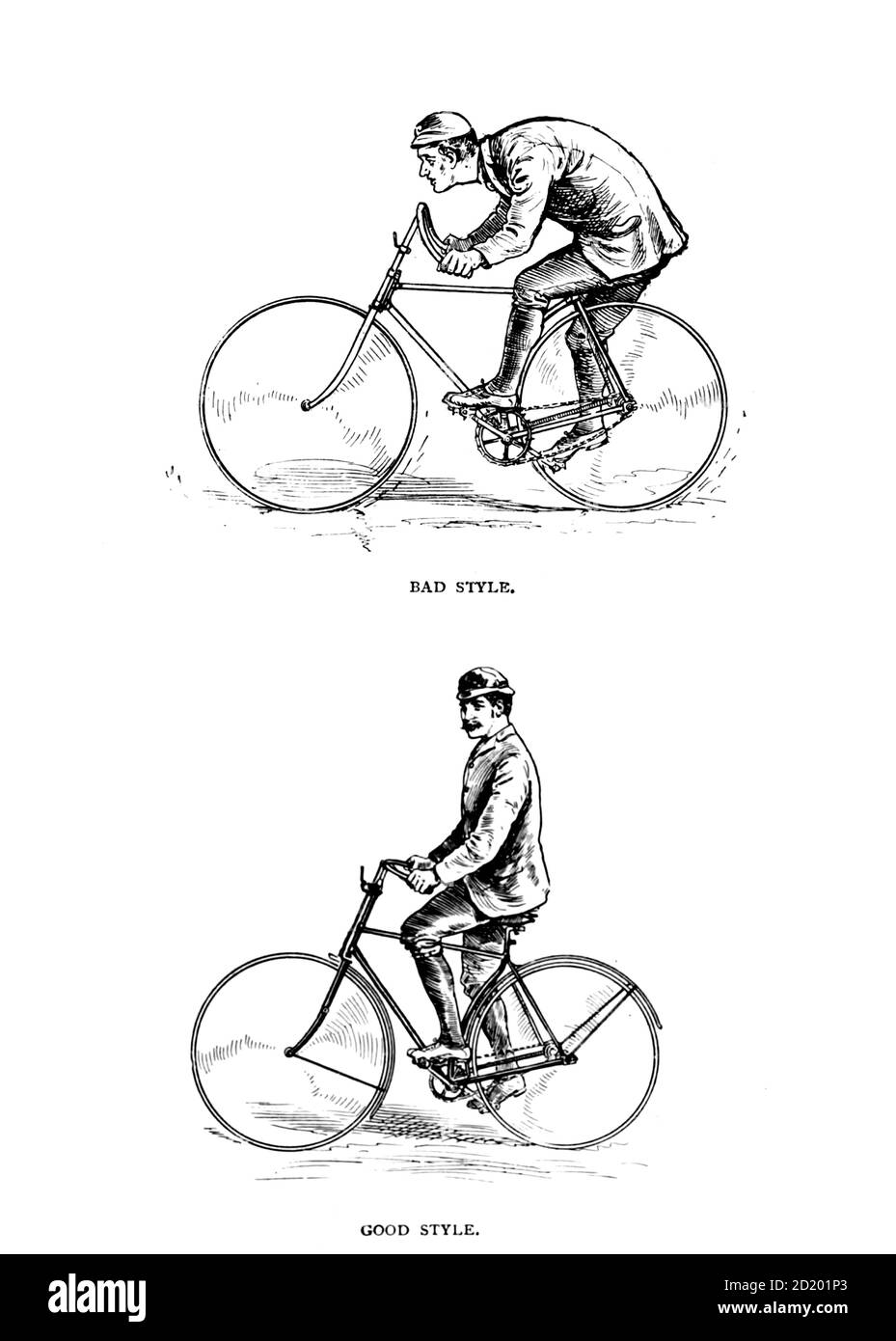Good and Bad cycling Style from 'Cycling' by The right Hon. Earl of Albemarle, William Coutts Keppel, (1832-1894) and George Lacy Hillier (1856-1941); Joseph Pennell (1857-1926) Published by London and Bombay : Longmans, Green and co. in 1896. The Badminton Library Stock Photo