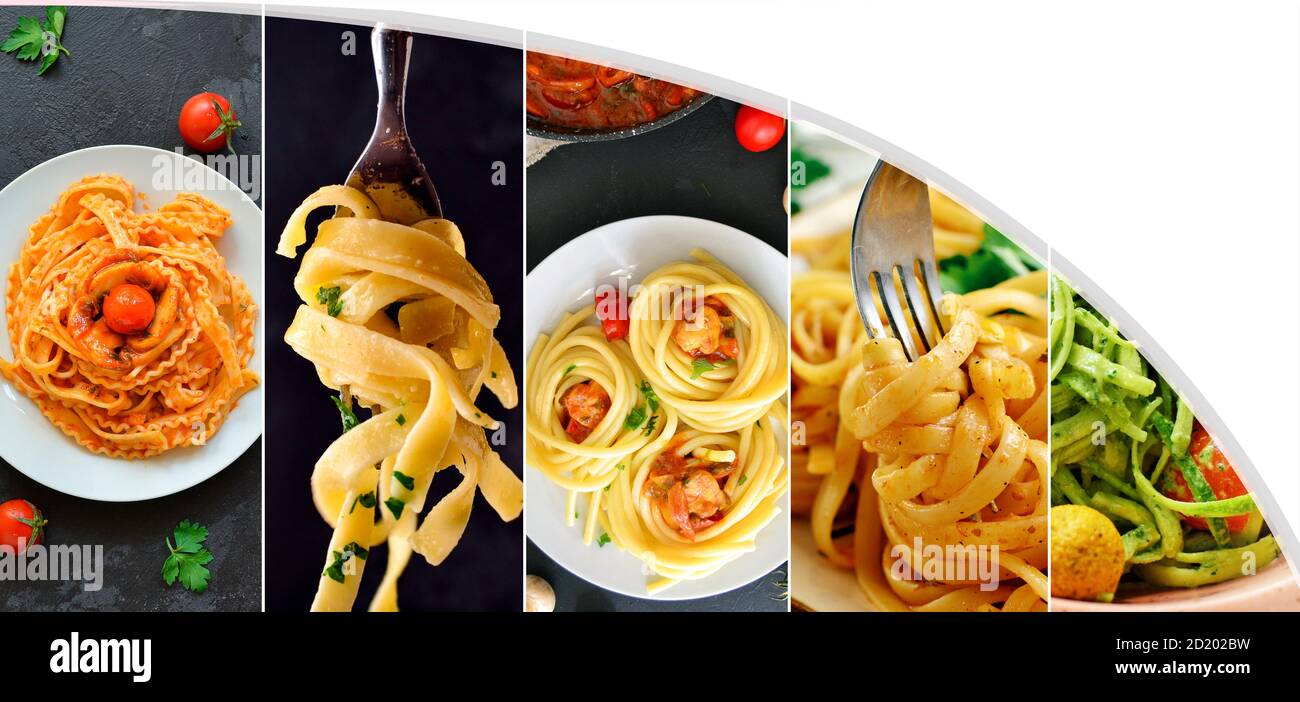 Collage of various foods with copy space. Variety of pasta dishes. Stock Photo