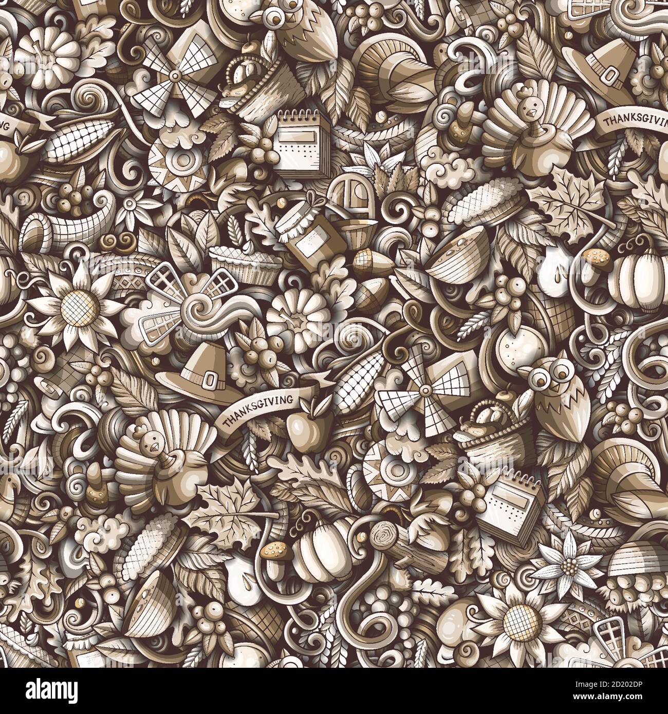 Cartoon cute doodles hand drawn Happy Thanksgiving seamless pattern ...