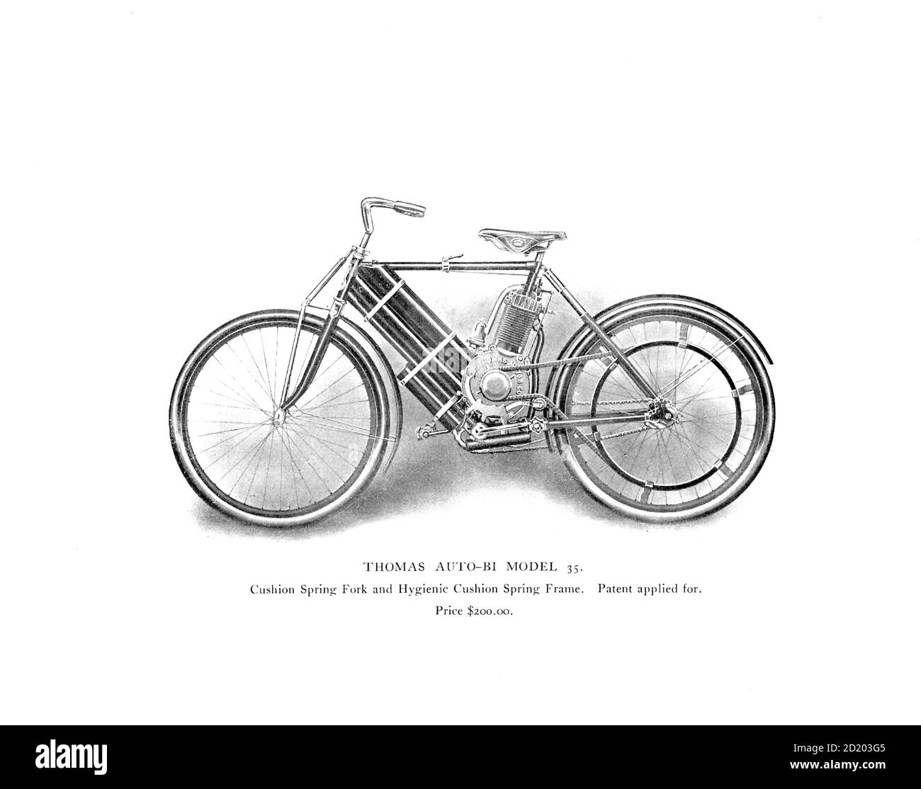 Thomas Auto-BI Model 35 (Motorized Bicycle) with Cushion Spring fork From the E. R. Thomas Motor Co. Inc Advance Catalogue — Maker Of Automobiles and Auto-Bi Motorcycles — From Buffalo New York, USA, Printed 1903. E. R. Thomas Motor Company was a manufacturer of motorized bicycles, motorized tricycles, motorcycles, and automobiles in Buffalo, New York between 1900 and 1919 Stock Photo