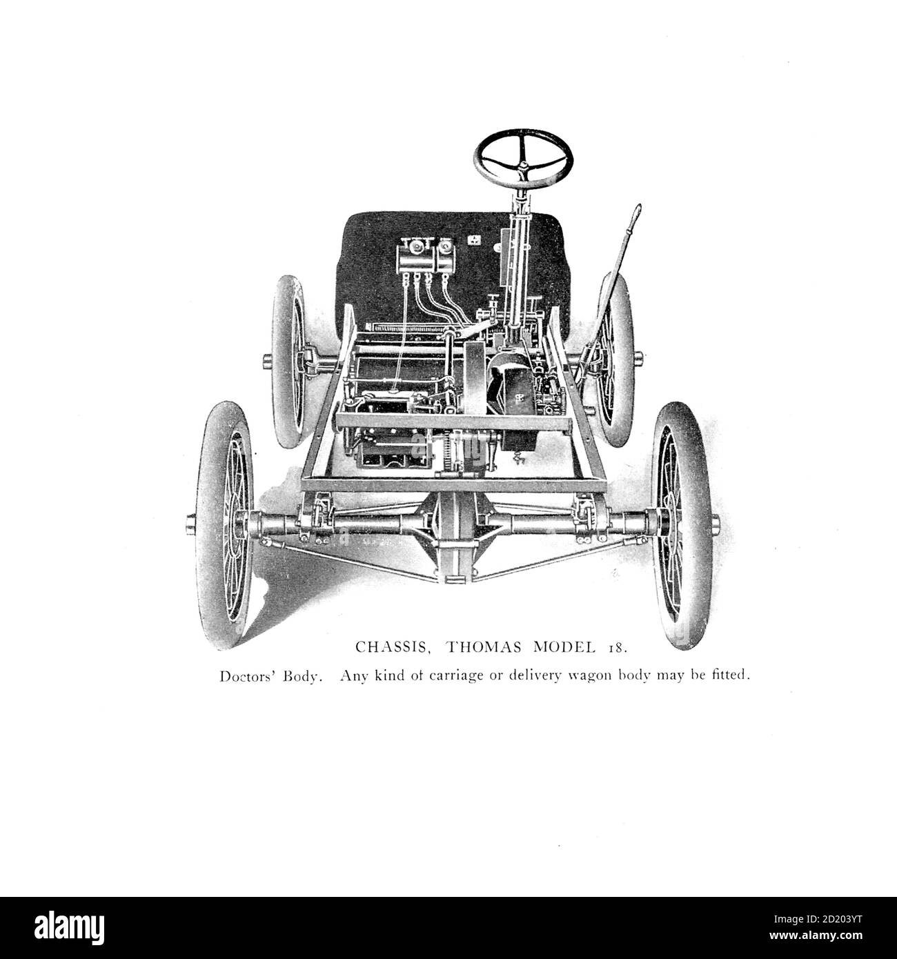 Thomas Model 18 (Chassis) From the E. R. Thomas Motor Co. Inc Advance Catalogue — Maker Of Automobiles and Auto-Bi Motorcycles — From Buffalo New York, USA, Printed 1903. E. R. Thomas Motor Company was a manufacturer of motorized bicycles, motorized tricycles, motorcycles, and automobiles in Buffalo, New York between 1900 and 1919 Stock Photo