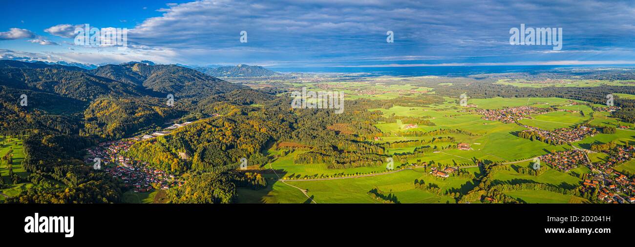 Bavarian Pre Alps. Oberland, Isartal. Agriculture, Fields. Aerial View. Fall Autumn Stock Photo