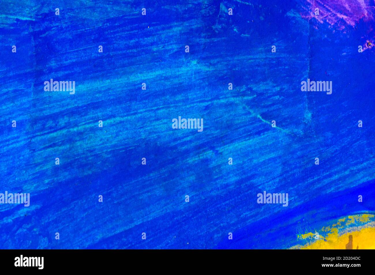 Abstract blue hand painted acrylic background with yellow and lilac spots. Spotted, creative. Stock Photo