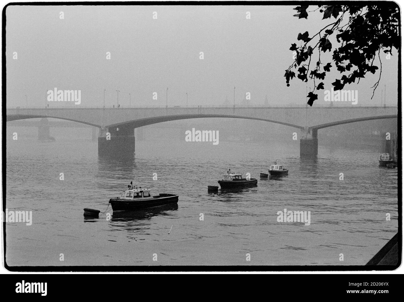 London views in the mist November 1968 The River Thames, London England in misty foggy conditions. Waterloo Bridge Stock Photo