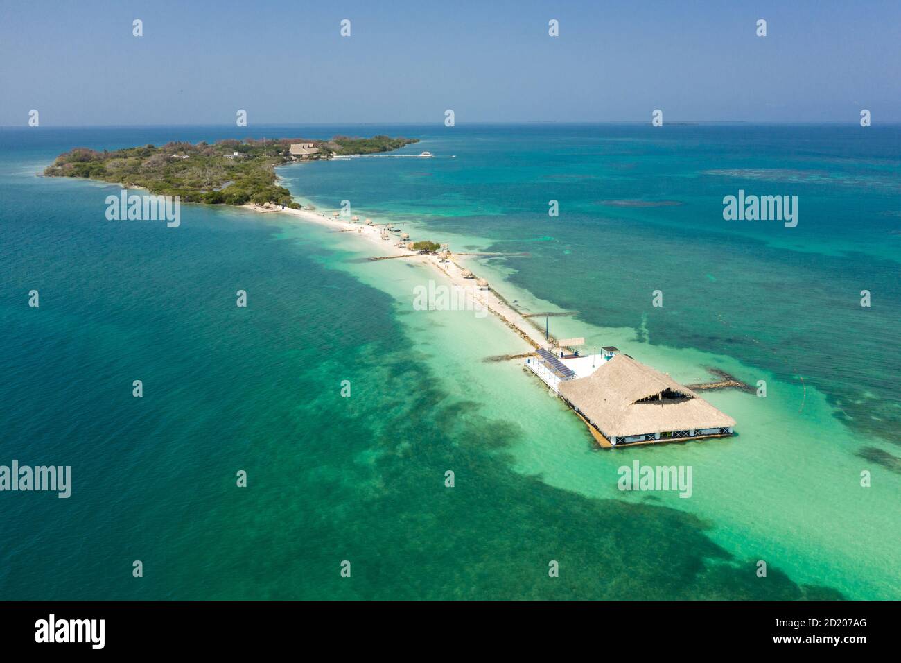 Tropical paradise white sand beach and relaxation zone on the island Cartagena Colombia aerial view. Stock Photo