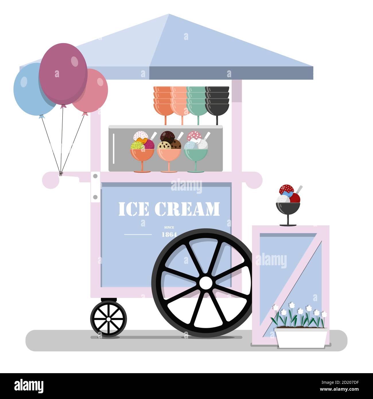 Flat cute ice cream cart. Diner in the Park, at the fair, street and festival. Vector illustration in pastel pink and blue tones. Point of sale of ice cream, Popsicle, Gelato, ice and milkshakes. Cold ice cream for children and adults on a walk in the fresh air. Stock Vector