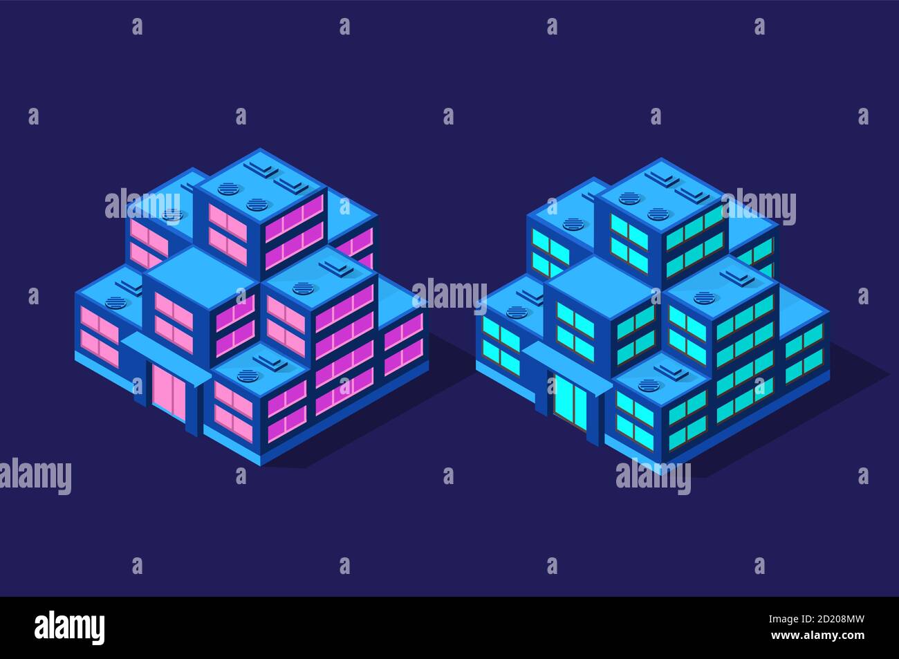Set of isometric modern buildings Night business city 3D future Stock Vector