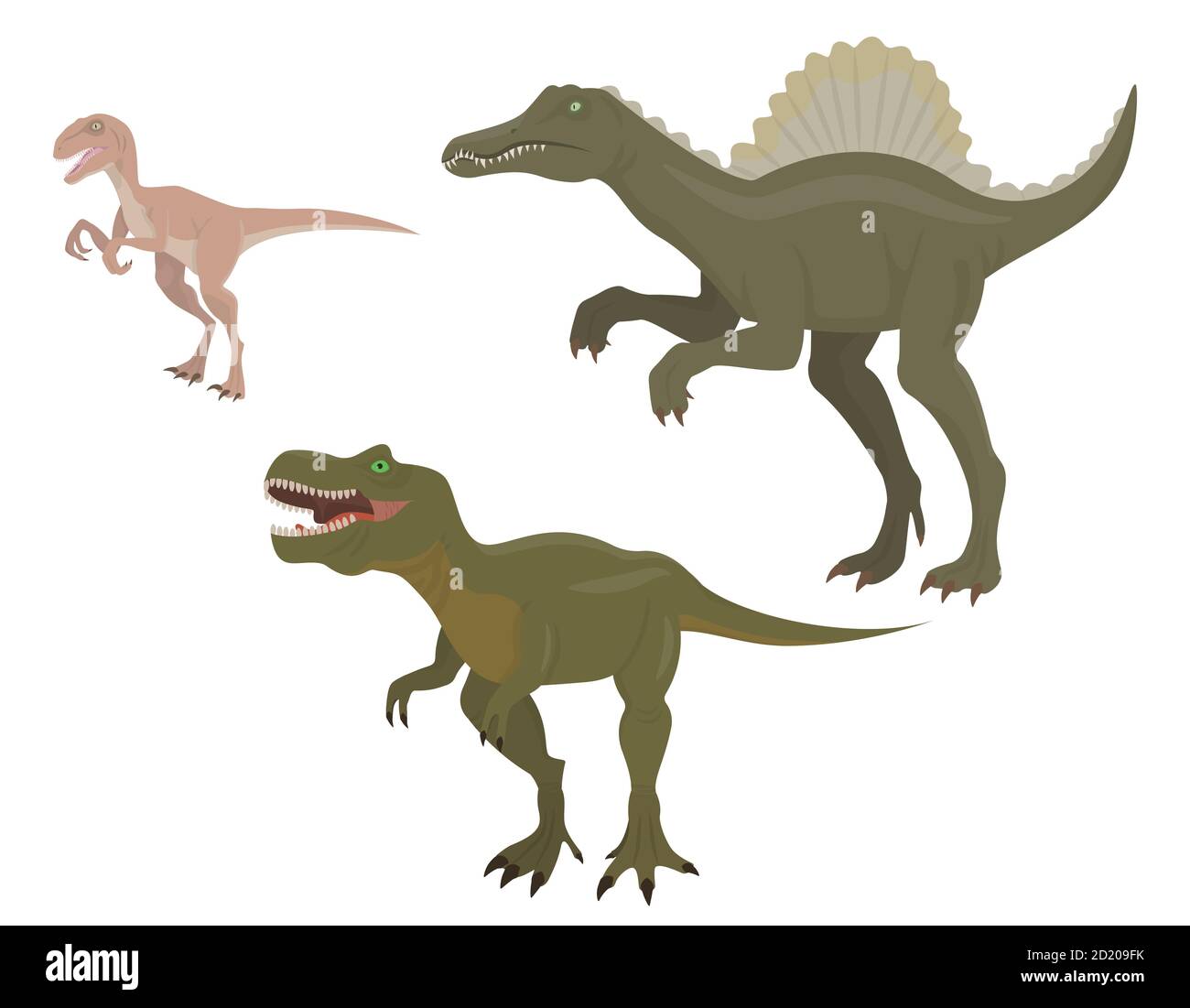 Set of predatory dinosaurs. Velociraptor, spinosaurus and tyrannosaurus ...