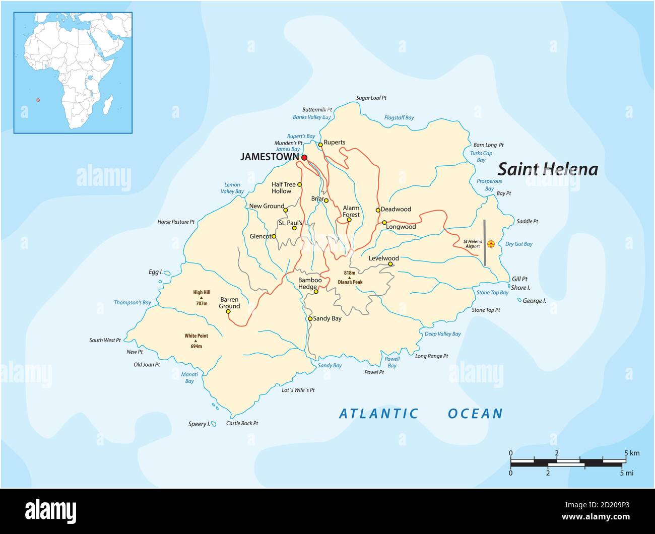 Vector map of the British island of St. Helena in the Atlantic Ocean, UK Stock Vector