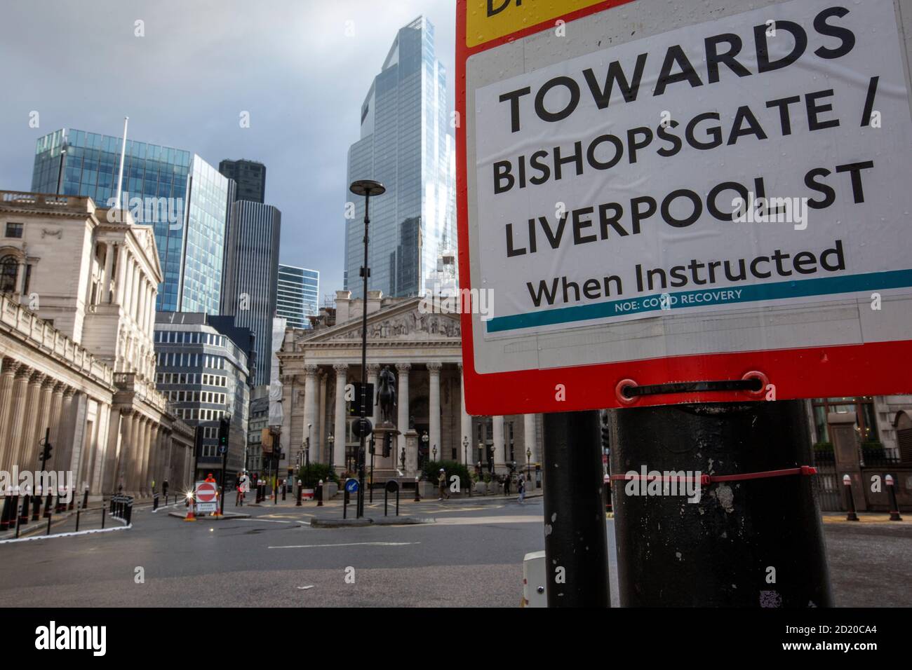 A quiet Bank Junction overlooking Bank of England and the Royal Exchange as a second coronavirus threatens the UK's economy, London, England, UK Stock Photo