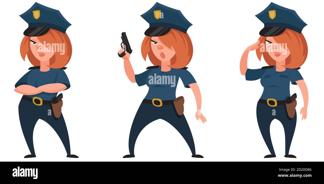 Female Police Officer In Different Poses Beautiful Character In Cartoon Style Stock Vector 