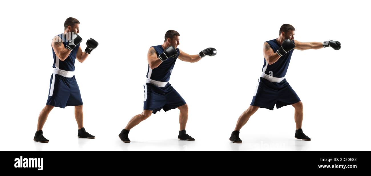 Strong. Young professional boxer training in action, motion of step-to-step  kicking isolated on white background. Concept of sport, movement, energy  and dynamic, healthy lifestyle. Flyer Stock Photo - Alamy