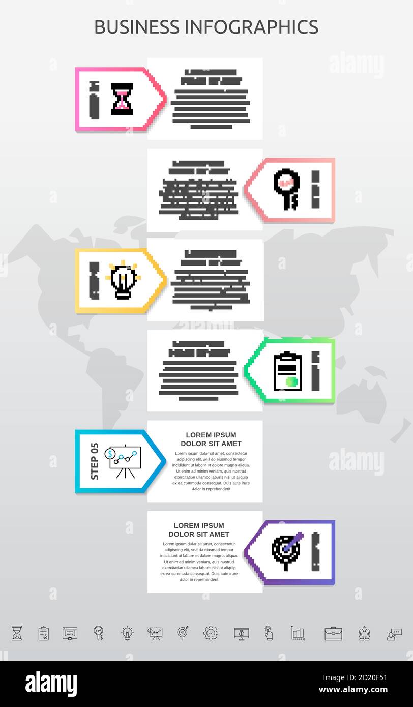 Infographics rectangle with six steps, arrows. Vector template used for diagram, workflow layout, presentations, info graph, timeline, content, levels Stock Vector