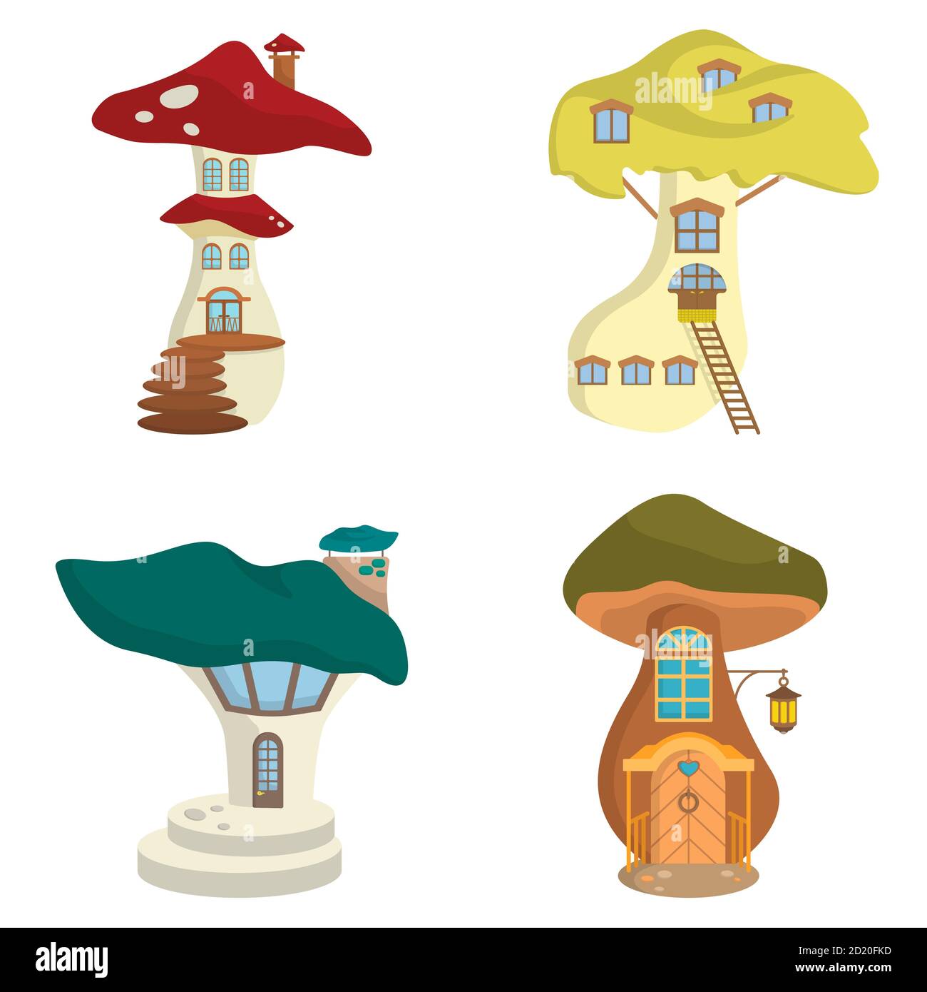 Set of different mushroom houses. Fairytale exterior in cartoon style. Stock Vector