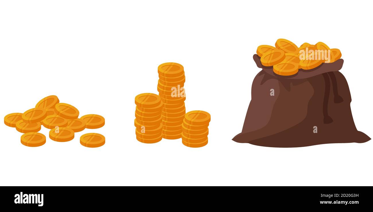 Golden coins in cartoon style. Handful, stack and bag of coins Stock ...