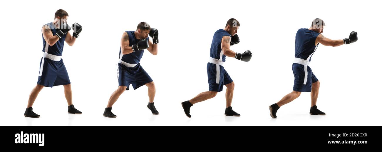 Target. Young professional boxer training in action motion of step to step kicking isolated on white background. Concept of sport movement energy and dynamic healthy lifestyle. Flyer Stock Photo Alamy