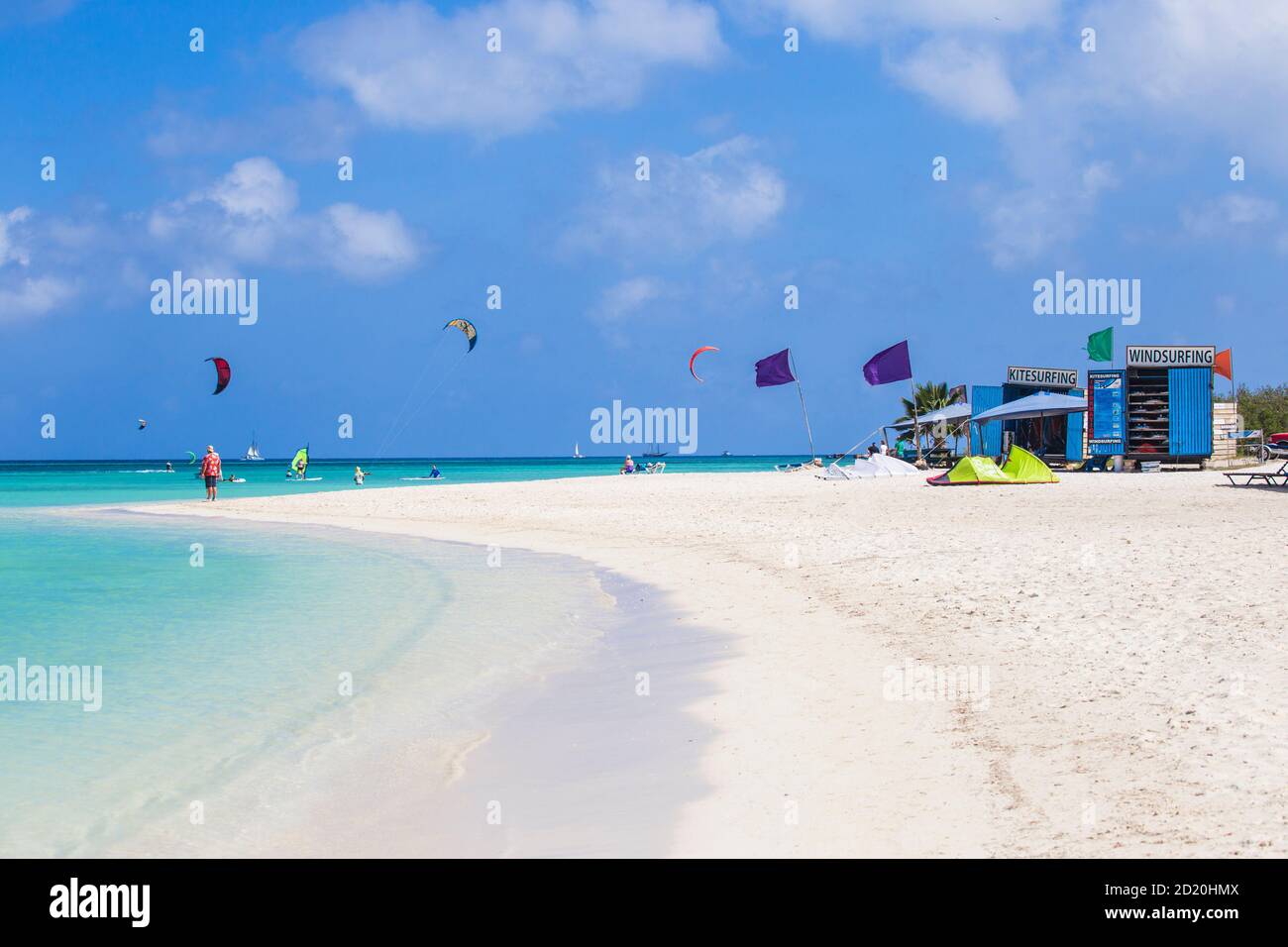 Caribbean, Netherland Antilles, Aruba, Hadicurari beach, Windsurfing and kitesufing huts Stock Photo