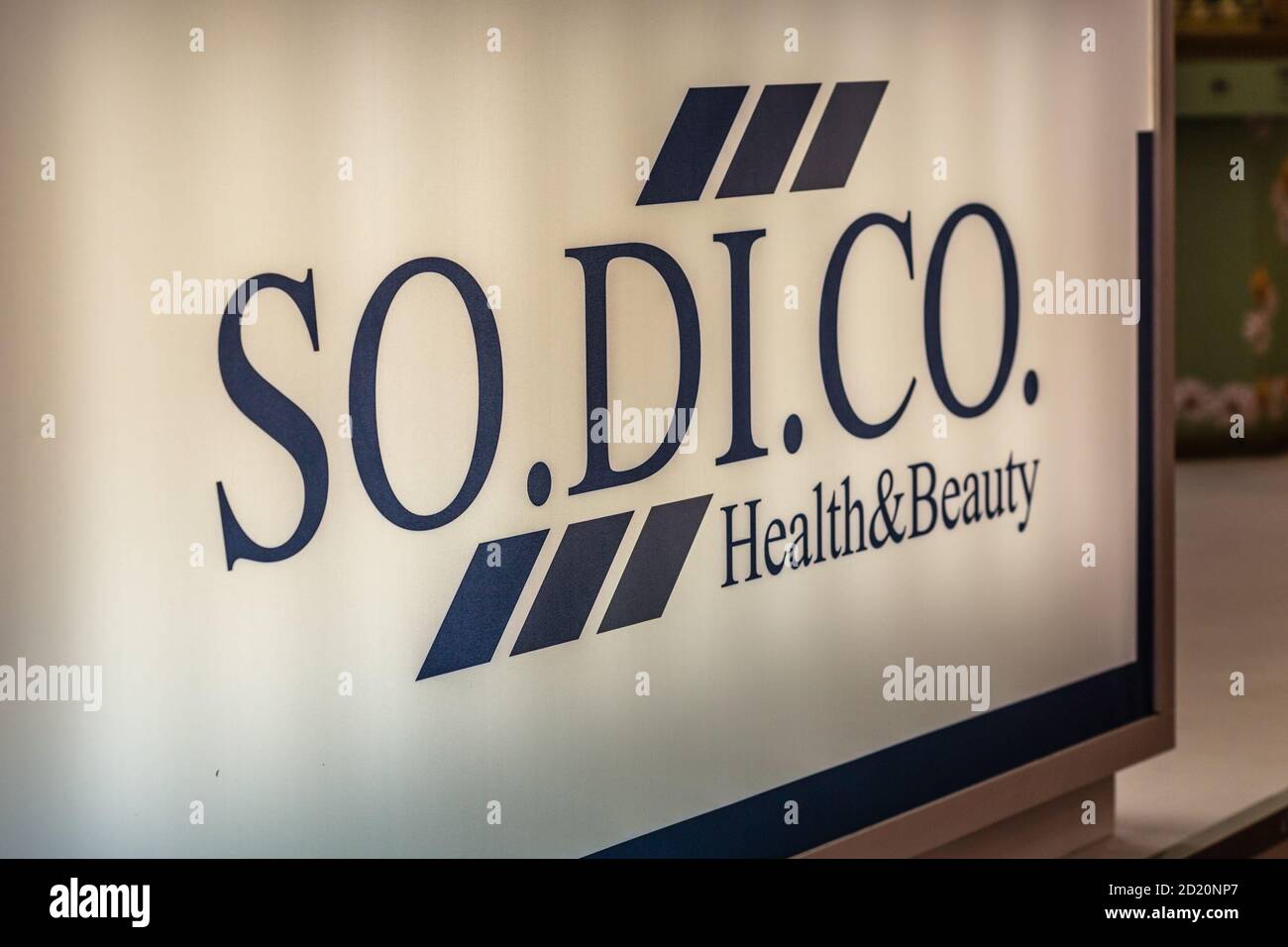 BOLOGNA (BO), ITALY - MARCH 14, 2019: light is enlightening SO.DI.CO. brand logo at COSMOPROF, trade show of the beauty industry Stock Photo
