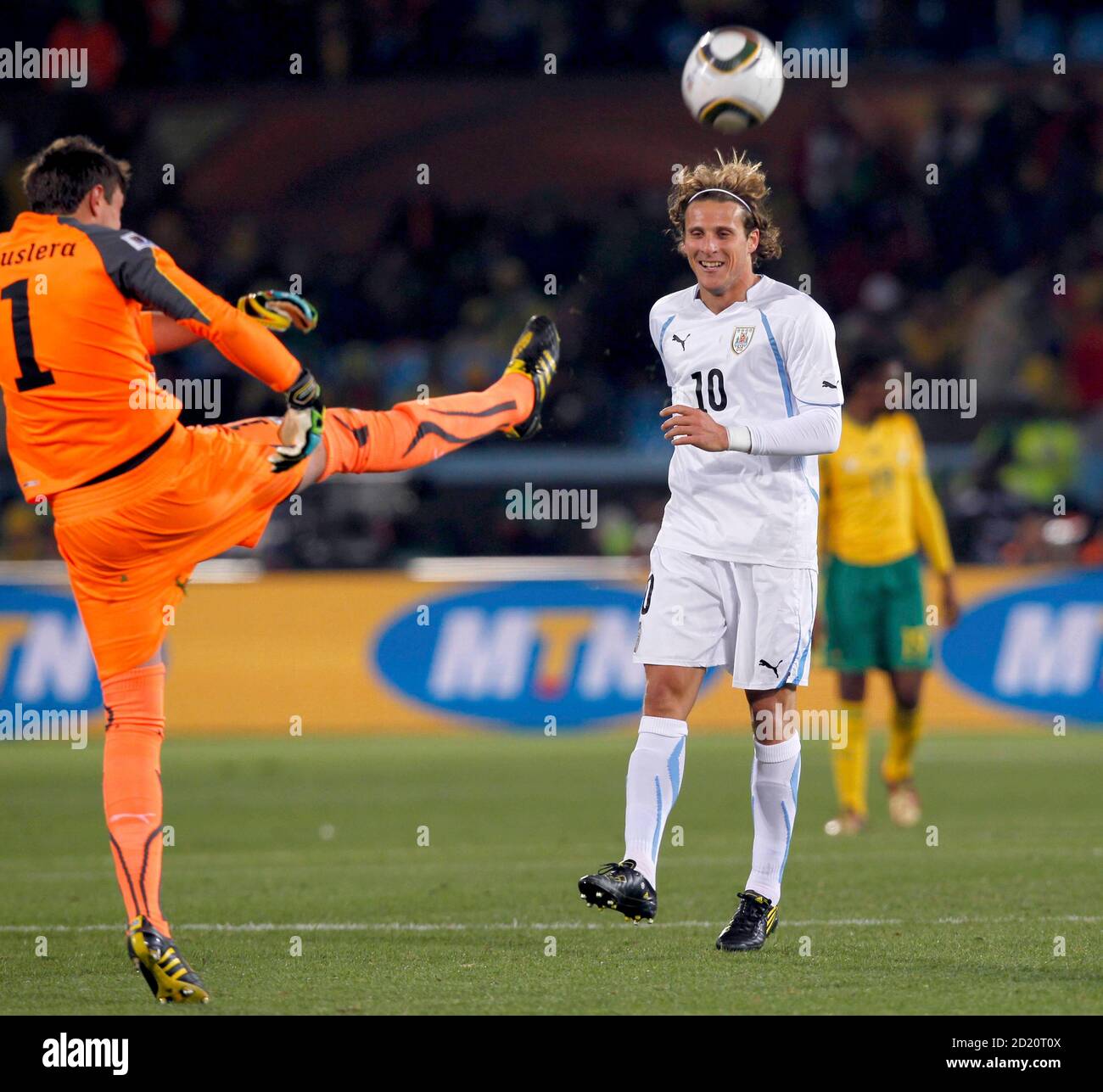 https www alamy com uruguays goalkeeper fernando muslera kicks the ball away in front of teammate diego forlan at a 2010 world cup group a soccer match against south africa at loftus versfeld stadium in pretoria june 16 2010 reutersmarcos brindicci south africa tags sport soccer world cup image379876250 html