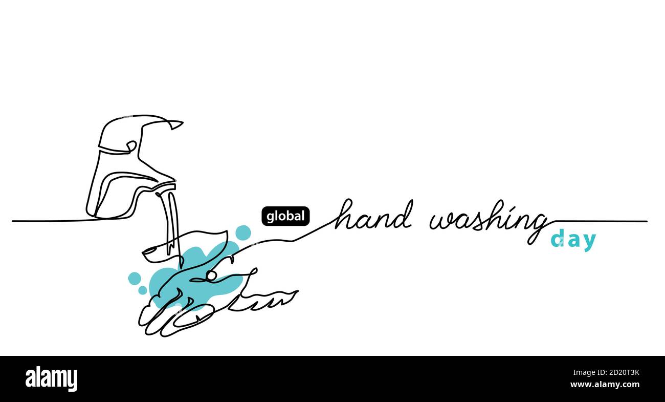 Global Handwashing Day minimalist line art border, web banner, simple vector background with hands and water that flows from the tap. Hand washing Stock Vector