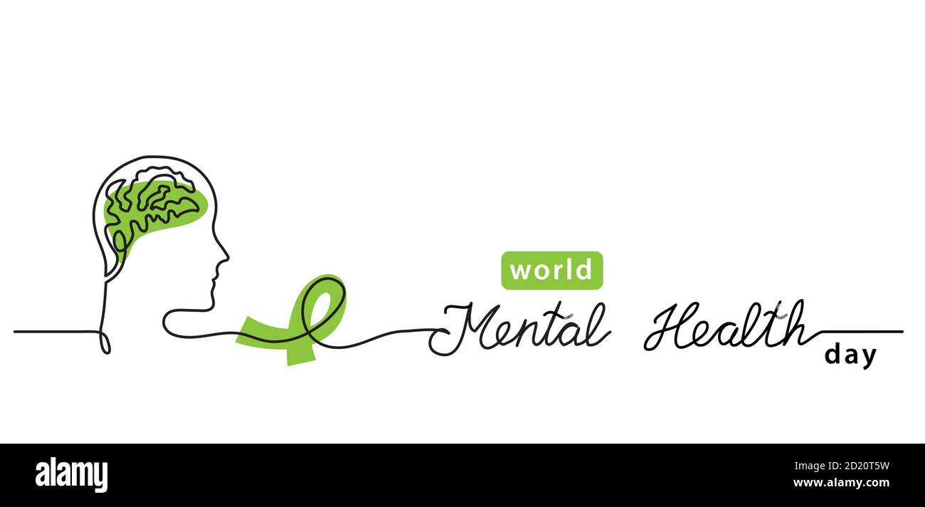 World Mental Health Day minimalist line art border, web banner, simple vector background with brains and green ribbon. One continuous line drawing Stock Vector