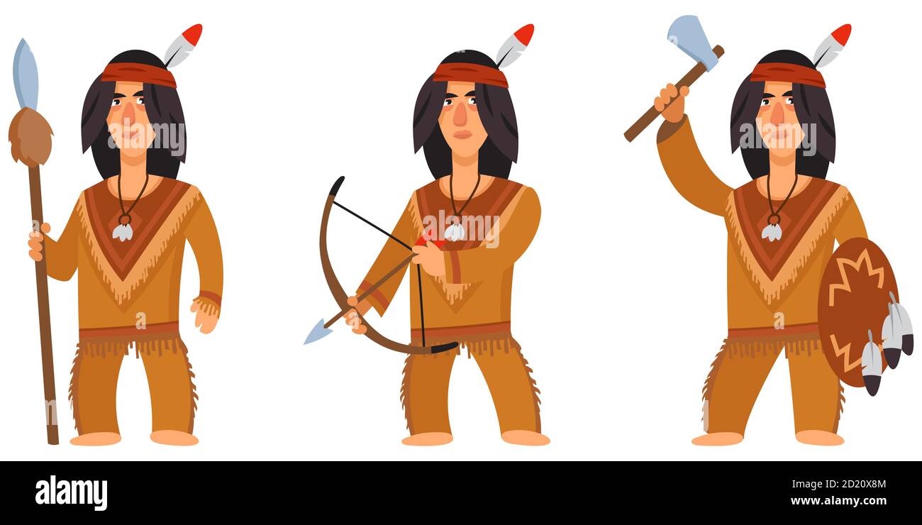 American indian in different poses. Male character in cartoon style. Stock Vector