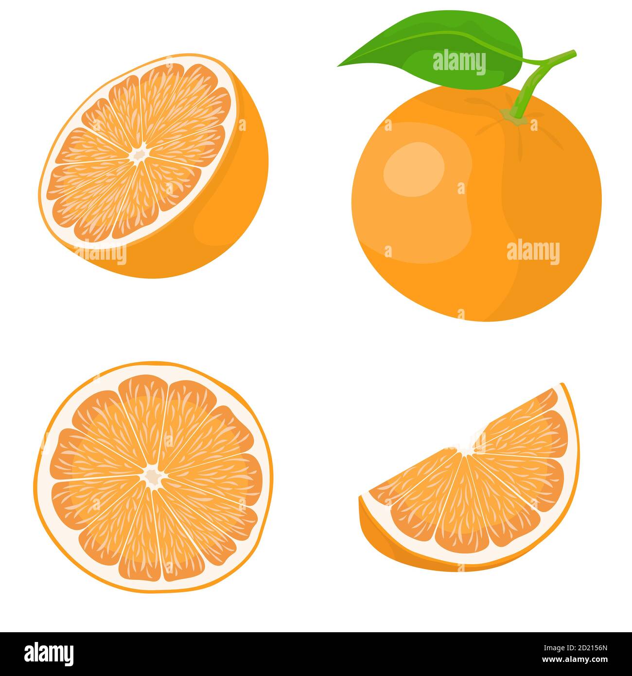 Whole and sliced orange. Vector set in cartoon style isolated on white