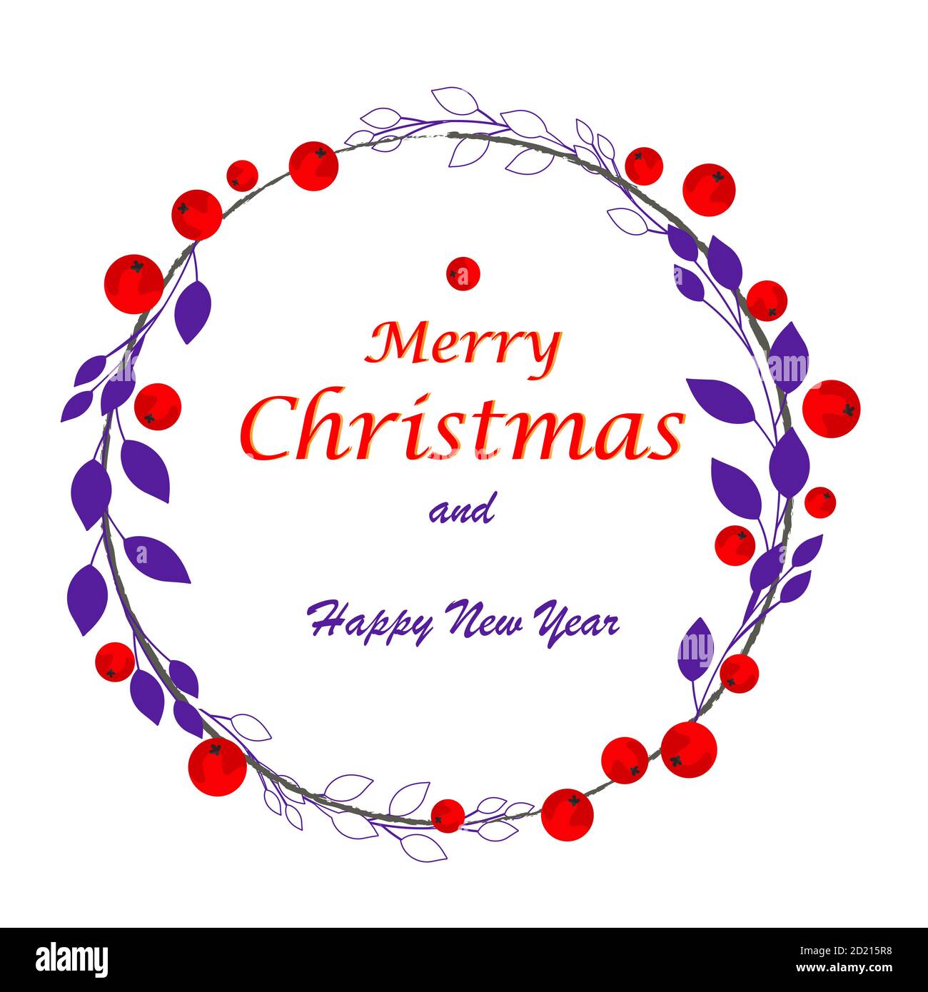 Decorative wreath with branches, leaves and berries, greeting card ...