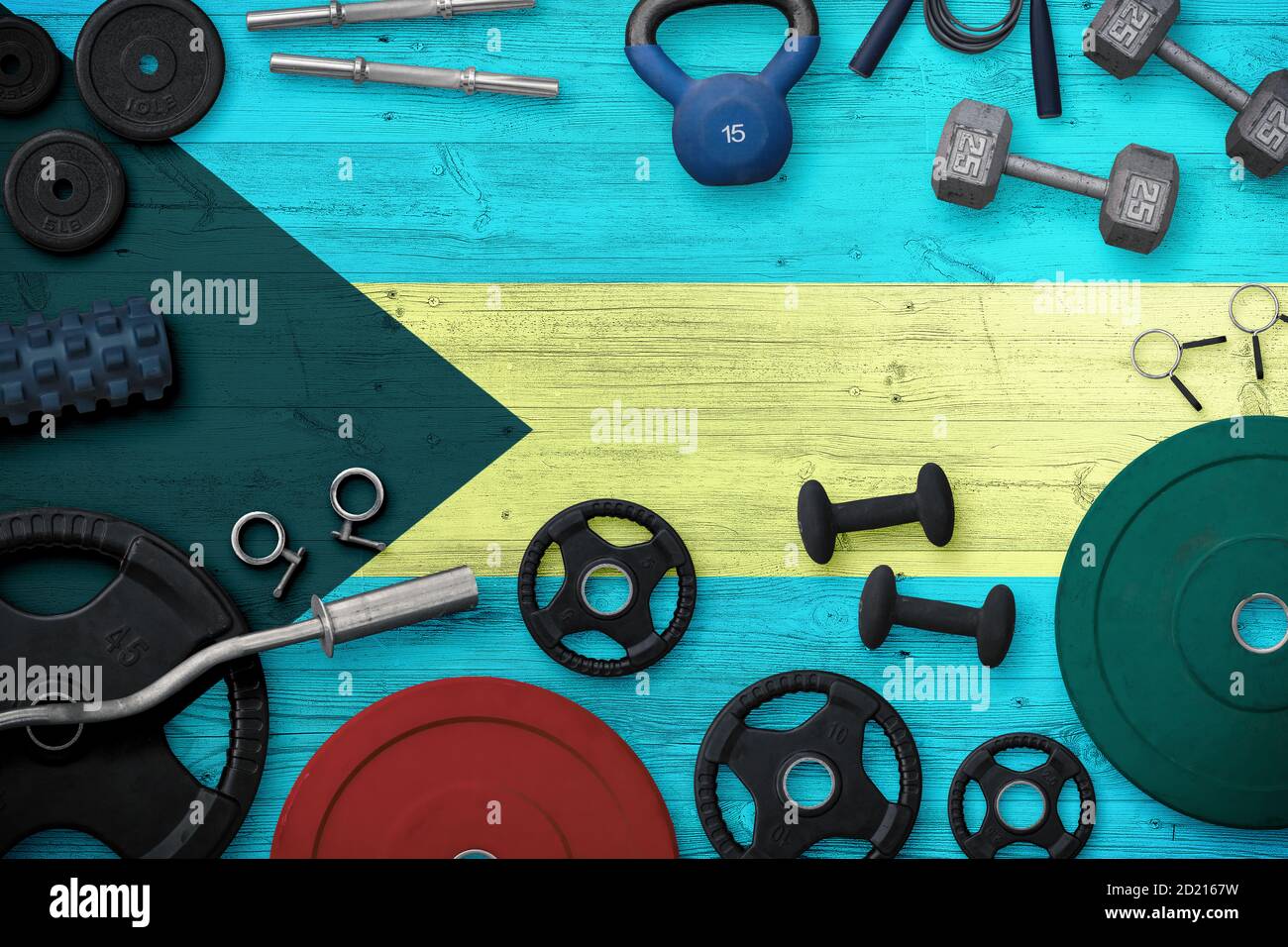 Bahamas sports and fitness concept. Top view of heavy weight plates