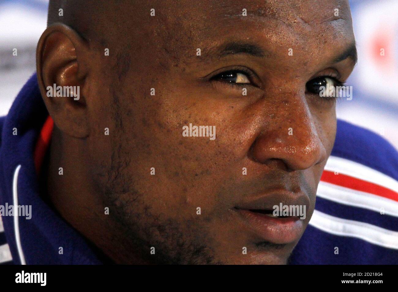 France's national soccer team player Eric Abidal attends a news conference in Knysna, near Cape Town June 13, 2010. REUTERS/Charles Platiau (SOUTH AFRICA - Tags: SPORT SOCCER WORLD CUP HEADSHOT) Stock Photo