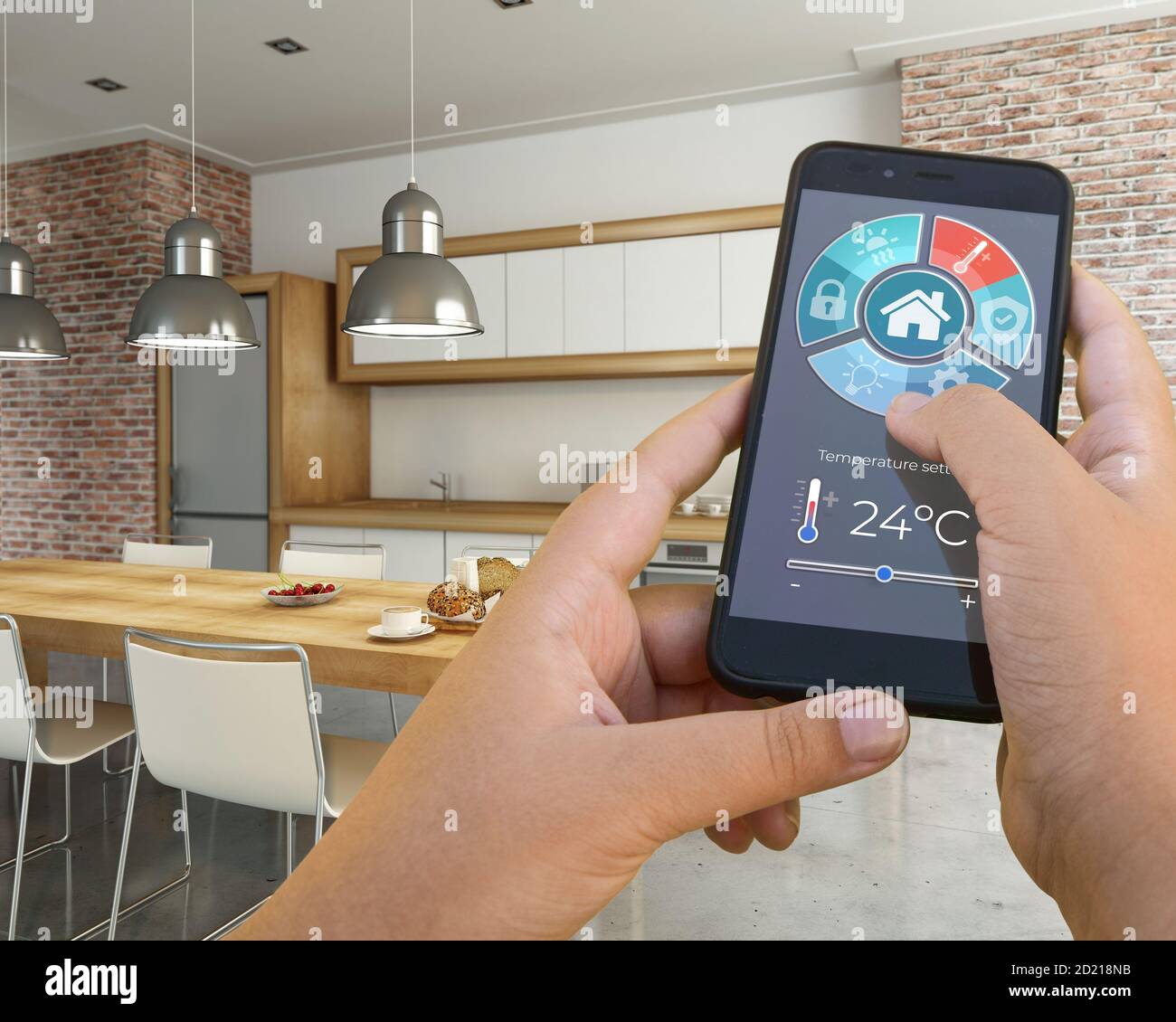 3D rendering of a modern interior controlled by a smartphone app Stock ...