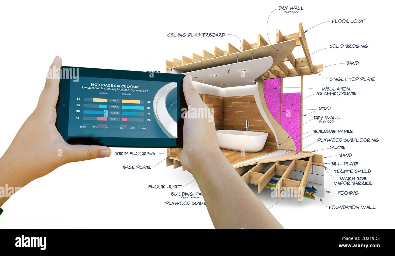 3D rendering of a mobile device with an mortgage calculator and a home interior under remodeling