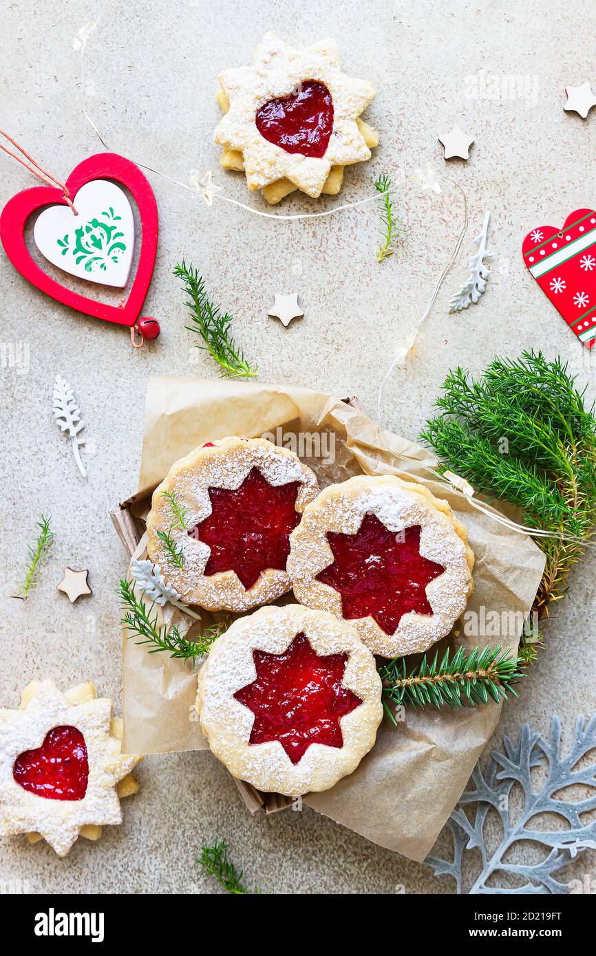 Traditional Austrian Cookies With Red Jam Christmas Or New Year Homemade Sweet Present In Gift Box Festive Decoration Stone Background Top View Stock Photo Alamy