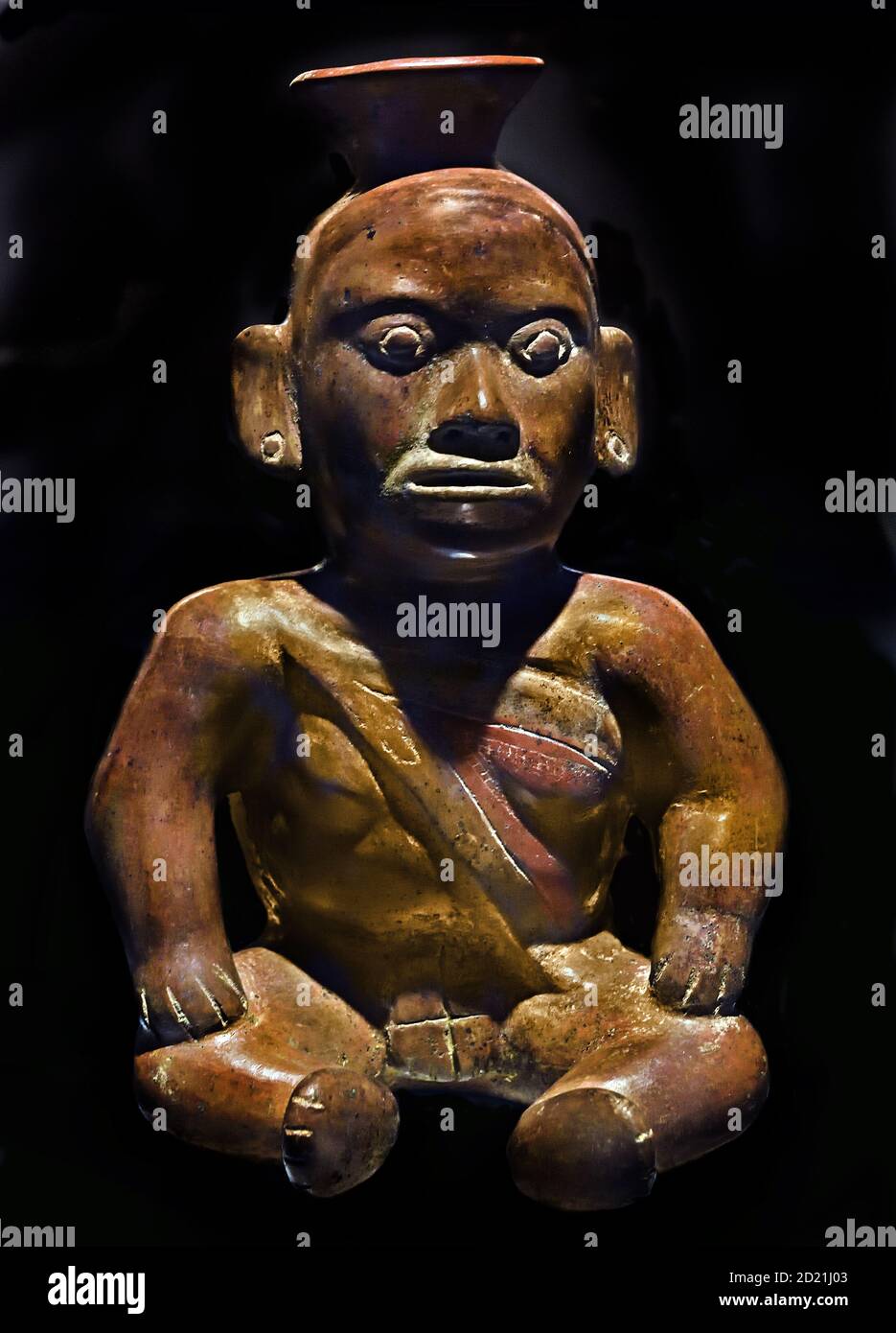 Vessel depicting a deformed character sitting. Painted ceramic. Colima style. Ancient and Middle Classic Period (100-700 AD). Mexico  Mexicans, America, Stock Photo