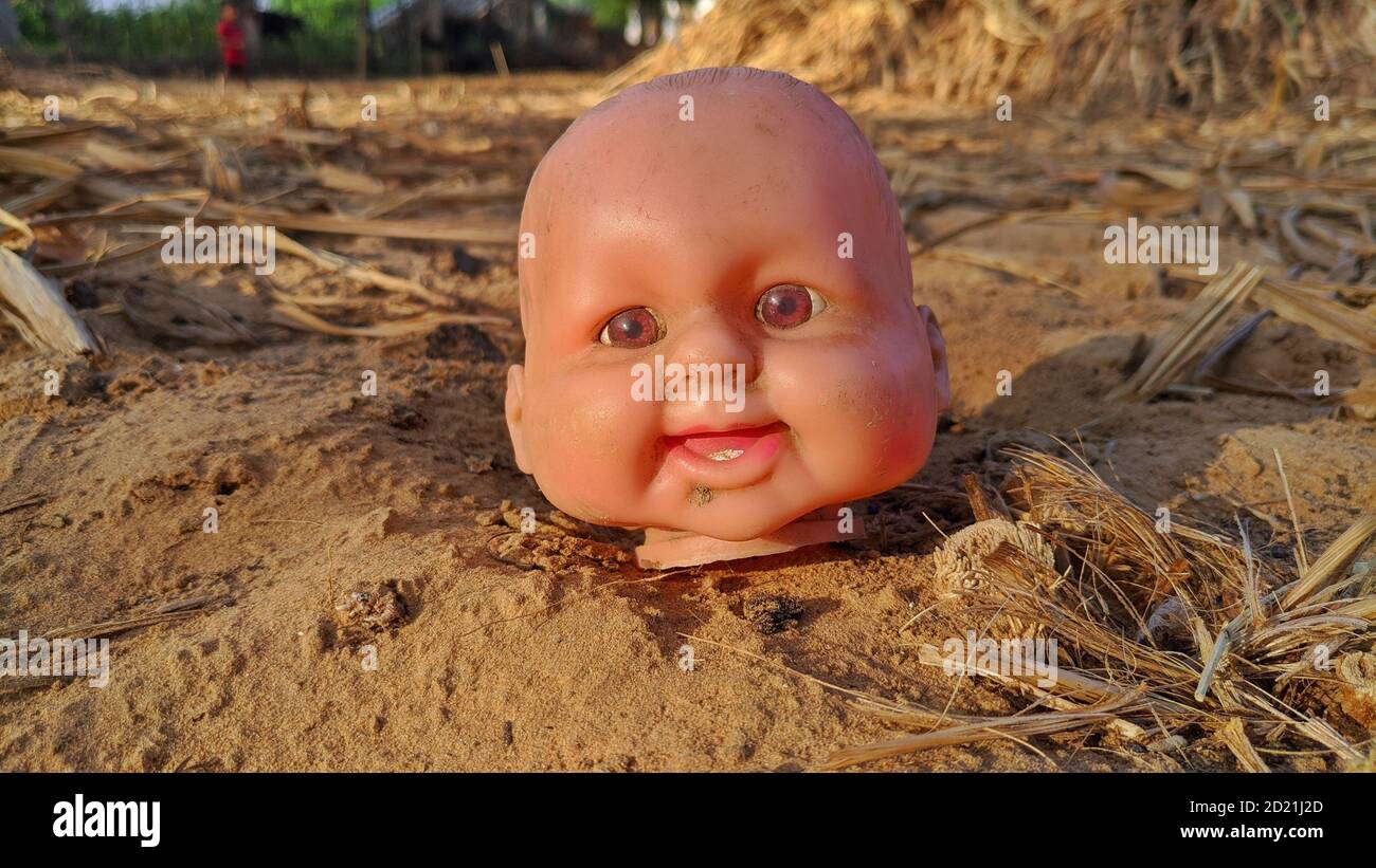 Damaged old doll face in a empty farm. Stock Photo